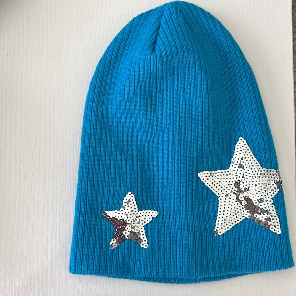 Ribbed Sequin Star Jewel Tone Beanie Hat